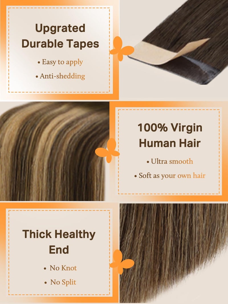 DOORES Human Hair Extensions Tape in Balayage Chocolate Brown to Caramel Blonde 18 Inch Natural Tape in Hair Extensions Seamless Straight Real Remy 50g 20pcs - Image 3